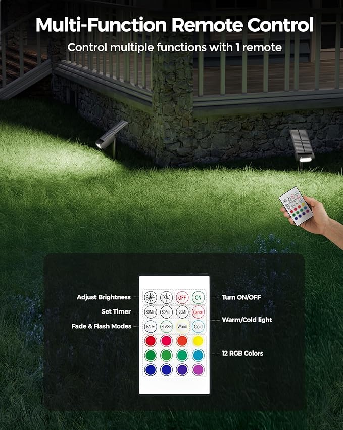 Solar Spot Lights Outdoor, 12 Color Modes Landscape Light Waterproof IP67 with Remote, 2-in-1 Color Changing/Cool/Warm White Solar Lights Outdoor for Yard Trees Garden Pool(Multicolor, 2 Pack)