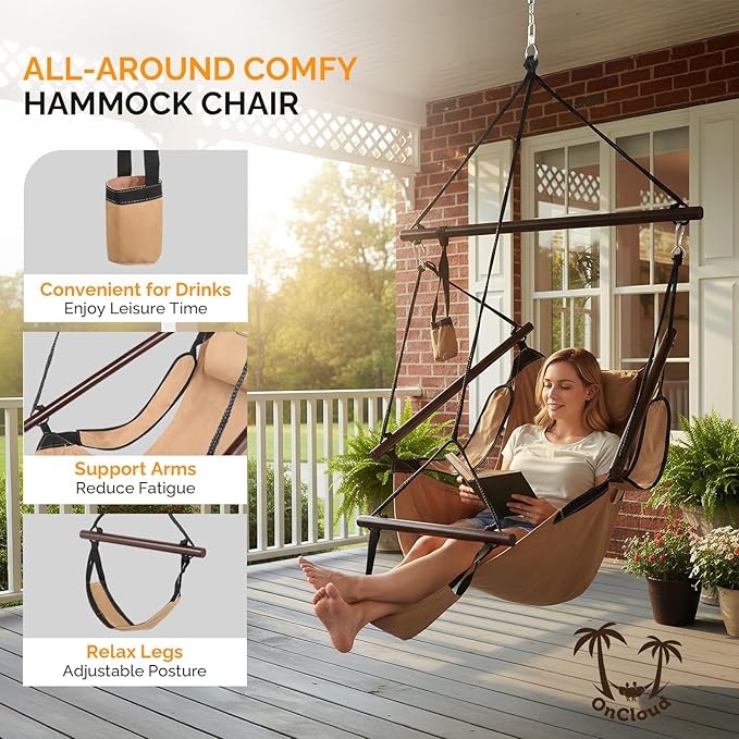 ONCLOUD Upgraded Unique Hammock Sky Chair, Air Deluxe Hanging Swing Seat with Rope Through Beech Wood Bar Safer Relax with Drink Holder & Fuller Pillow for Indoor Outdoor Patio Yard 250LBS (Tan)