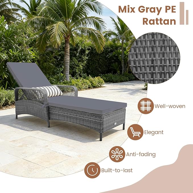 Tangkula Wicker Chaise Lounge Outdoor Set of 2, Patio Rattan Reclining Chaise with 6-Gear Adjustable Backrest, Thick Padded Cushion & Removable Lumbar Pillow, Pool Lounge Chairs (Grey)