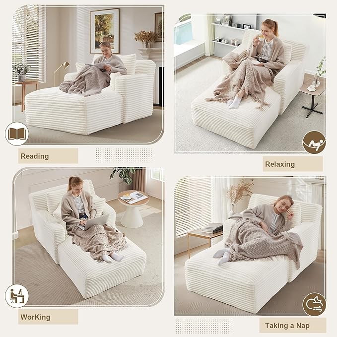 65.4" Chaise Lounge Chair Indoor, Oversized Boneless Couch Comfy Upholstered Sleeper Sofa Bed with 3 Pillows, Corduroy Cloud Reading Chair for Living Room No Assembly Required, White Beige