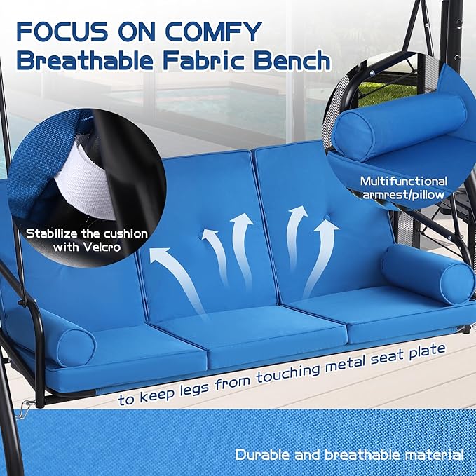 3 Seat Outdoor Porch Swings with Adjustable Canopy - Patio Porch Swing Glider Bench with Stand, Heavy Duty Swing Bed W/Cushions Pillows and Cup Holder for Backyard Garden Lawn Poolside (Blue)