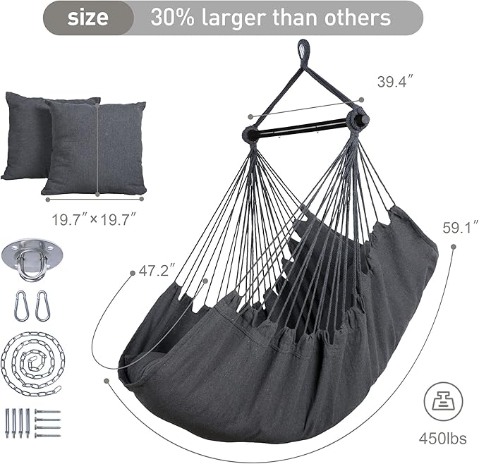 SUNCREAT Hammock Chair Swing with Steel Support Bar, Side Pocket, Large Hanging Chair Outdoor, Max 450lbs Capacity, Dark Gray