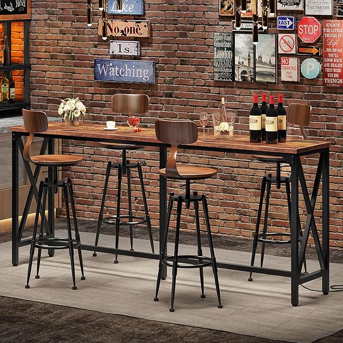 70.9'' Bar Table, Kitchen Dining Table with Power Outlet and Footrest, Industrial Style, for Pub, Living Room, Rustic Brown and Black TBT08UBF