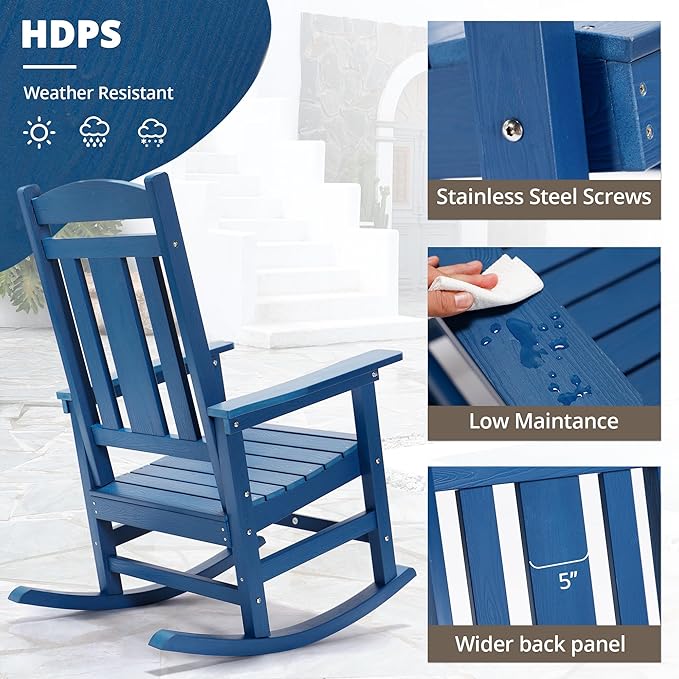 LUE BONA Rocking Chair Outdoor, Weather Resistant Poly Plastic Rocker Chairs, 350lb Heavy Duty, Oversized Porch for Adult, High Back Smooth Chairs Outdoor & Indoor, Blue