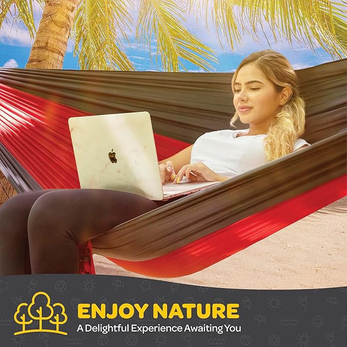 Durable Hammock 400 lb Capacity, Nylon Camping Hammock Chair - Double or Single Sizes w/Tree Straps and Attached Carry Bag - Portable for Travel/Backpacking/Beach/Backyard (Medium, Khaki & Dark Green)