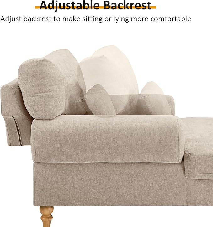 Modern Chaise Lounge Chair with Adjustable Backrest, Upholstered Indoor Leisure Sofa Recliner, Oversized Accent Chair Deep Seat Reading Armchair for Living Room, Bedroom, Office, Light Khaki