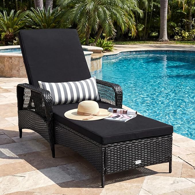 Tangkula Wicker Chaise Lounge Outdoor Set of 2, Patio Rattan Reclining Chaise with 6-Gear Adjustable Backrest, Thick Padded Cushion & Removable Lumbar Pillow, Pool Lounge Chairs (Black)