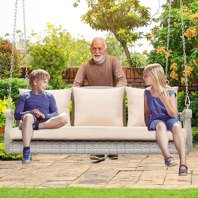 3-Person Wicker Porch Swing Chair Heavy Duty 900 LBS Outdoor Rattan Patio Swing Chair w/Cup-Holder & Steel Chains Hanging Bench Porch Swing Cushions for Deck & Backyard & Garden