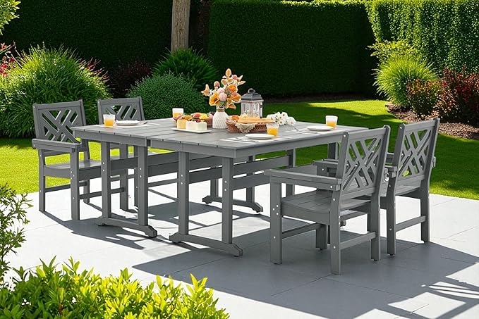 HDPE Outdoor Dining Set,6-Piece Outdoor Table and Chairs Include 4 Dining Chairs and 2 Pcs 62.5" Patio Dining Table with Umbrella Hole (Gray)