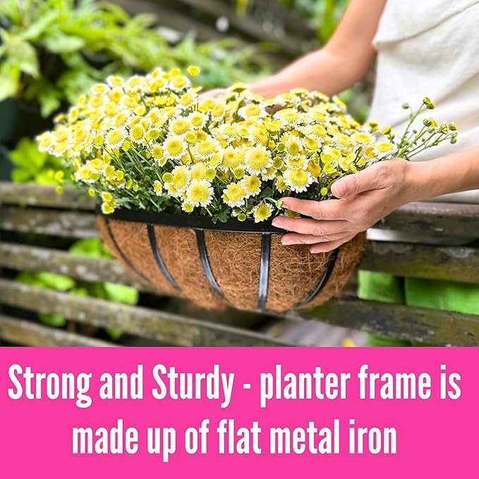 LaLaGreen Deck Railing Planter Boxes (16 Inch, 2 Pack) Black Metal Rectangular Hanging Planters with Coco Liner, Adjustable Flower Planter Box Brackets for Plants Fence Balcony Patio Porch Over Rail