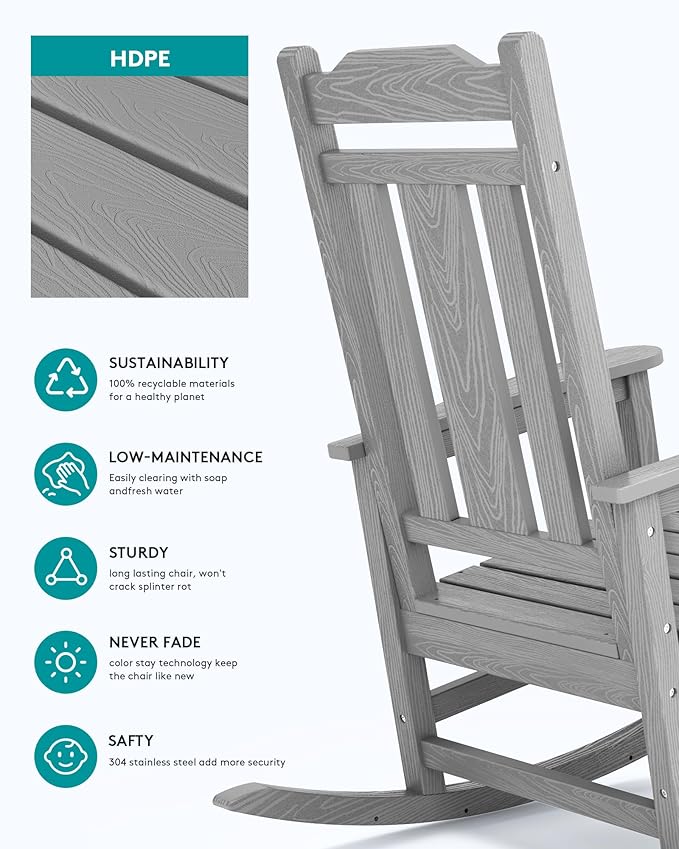 SERWALL Oversized Rocking Chair Set of 2 Outdoor, HDPE Outdoor Rocking Chair Set of 2, Space Gray