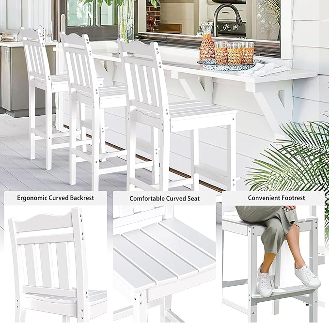 nalone Outdoor Bar Stools Set of 2, HDPE Tall Adirondack Chairs Bar Chairs, Weather Resistance Bar Height Chair for Balcony, Garden, Yard, Backyard (White, Bar Chairs Set of 2)