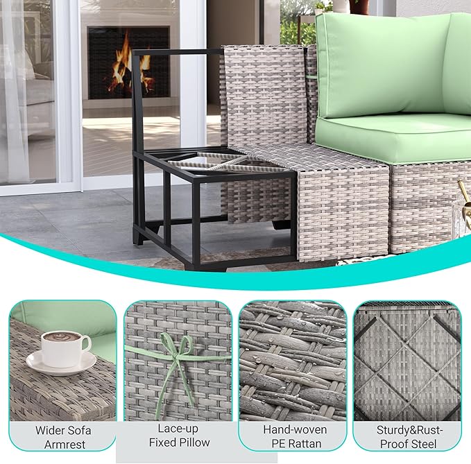 13-Piece Outdoor Patio Furniture Set with Rocking Swivel Chair, PE Wicker Rattan Sectional Sofa Patio Conversation Set with 55,000 BTU Fire Pit Table & Coffee Table, Light Green