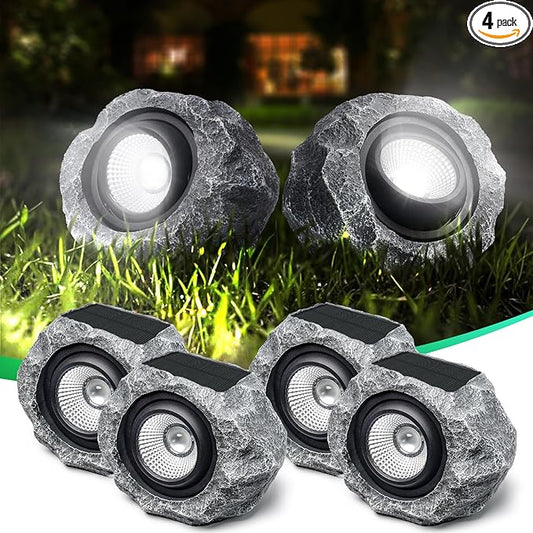 4 Pack Solar Rock Lights Outdoor, Angle Adjustable Solar Lights Outdoor Waterproof, LED Solar Garden Lights, Auto On/Off Landscape Lighting for Yard Pathway Patio Flower Bed - White Glow (Stone Gray)