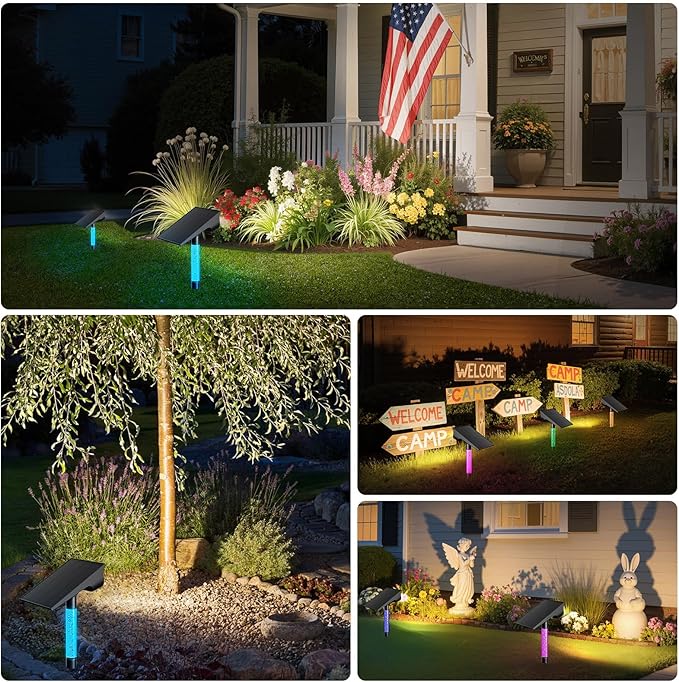 intelamp Solar Spot Light Outdoor Waterproof, 4000mAh RGB + 3 Color LED Landscape Flood Lighting Spotlights for Camping Garden Yard Tree Flag Wall Patio Halloween Christmas Decor with Remote