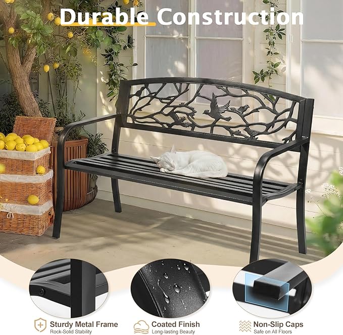 Outvita Outdoor Bench, 50" Iron Steel Frame Garden Bench with Magpie Pattern and Plastic Backrest Armrests, Patio Bench for Garden Park Yard Front Porch Patio, Black