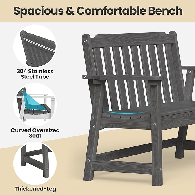 Ciokea 49" Heavy Duty Outdoor Bench Set of 2, HDPE Weatherproof Garden Bench, 2-Person Memorial Benches with 660 Lbs, Waterproof Patio Porch Benches for Outside Business Office Backyard, Dark Grey