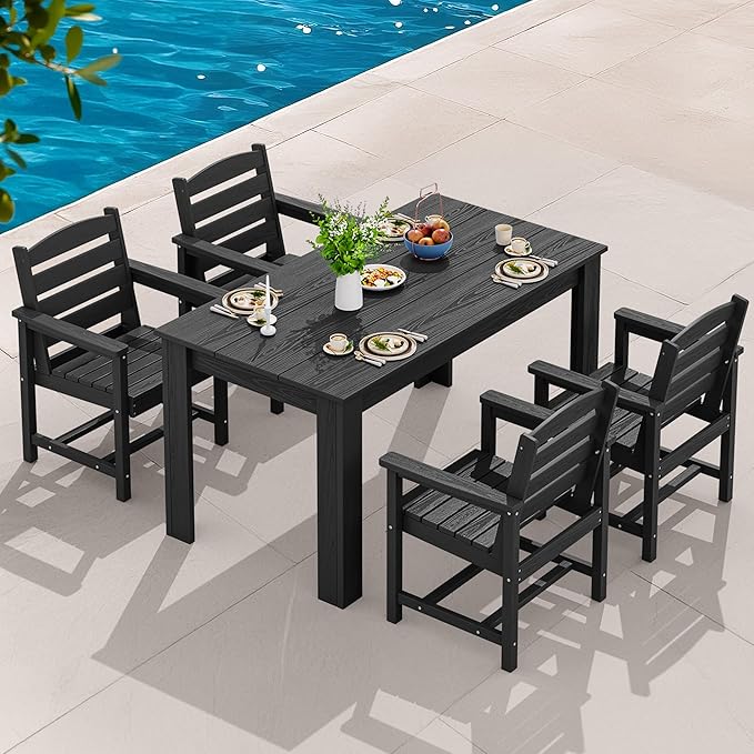 SERWALL Patio Dining Sets for 8, Outdoor Dining Sets for 8 Person with 2 Umbrella Hole Cut-Out Rectangular Tables and 8 Chairs, HDPE Dining Sets for Garden, Backyard, Poolside, Black