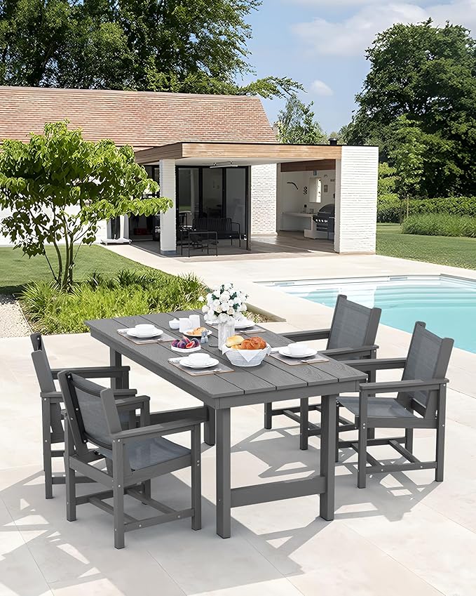 SERWALL Textilene Outdoor Dining Chair Set of 2, HDPE Frame with Textile Chair Seat, Holds up to 300 LBS, All Weather Resistant Chairs for Lawn, Garden, Yard and Poolside, Gray, Grey