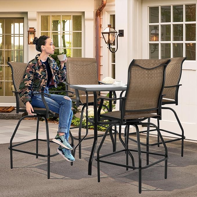 LEVELEVE Patio Bar Set 5pcs Swivel Bar Stools Outdoor Bistro Textilene Furniture Stability All-Weather Set with Height Table (5, Dark Brown Fabric)