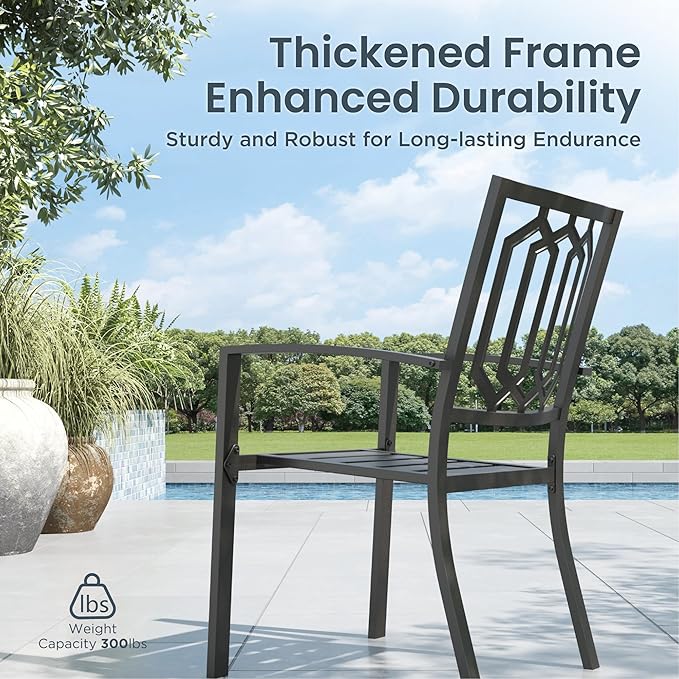 PHI VILLA 5 Pieces Outdoor Dining Set for 4, 37” Black Square Wrought Iron Table with Umbrella Hole & Stackable Chairs, Outside Metal Furniture for Patio, Deck, Yard, Porch