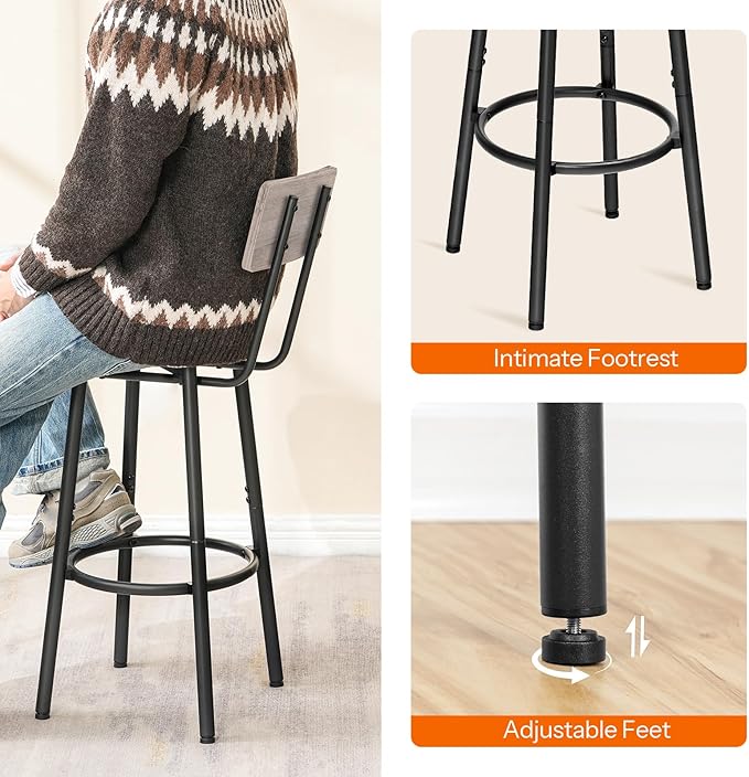 HOOBRO Bar Stools,Set of 2 Bar Stools with Footrest and Back,25.2" Bar Chairs for Kitchen Island, Dining Room,Counter Height Bar Stools, Easy to Assemble, Greige and Black BG32BY01G1