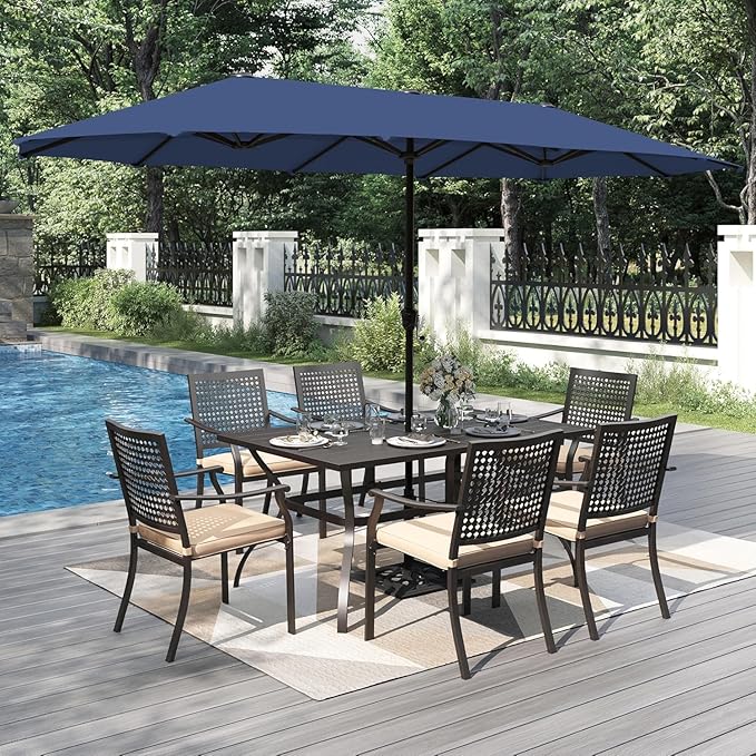 PHI VILLA 7 Pieces Outdoor Dining Set for 6 with Umbrella, 60" Long Metal Table & Stackable Iron Chairs with Cushions & 13ft Blue Umbrella, Modern Steel Furniture Set for Patio, Deck, Yard, Porch