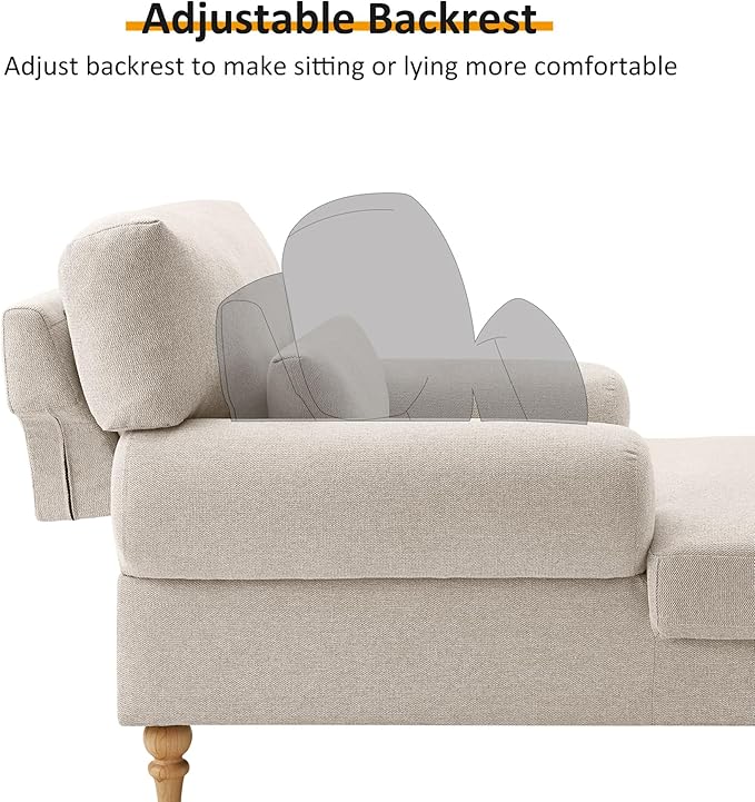 Modern Chaise Lounge Chair with Adjustable Backrest, Upholstered Indoor Leisure Sofa Recliner, Oversized Accent Chair Deep Seat Reading Armchair for Living Room, Bedroom, Office, Smoke White