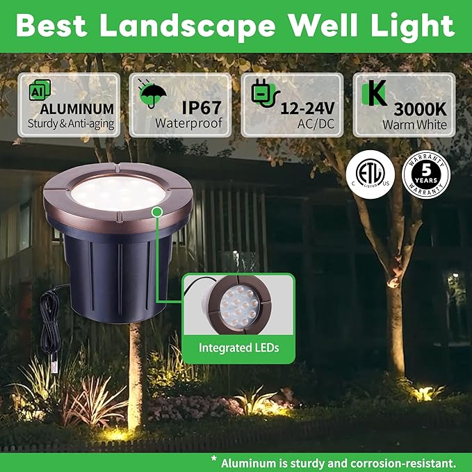 Low Voltage Well Lights LED, Bright 12V Landscape Lights Outdoor IP67 Waterproof, 4" Wired in-Grade Uplights Aluminum ORB for Path Yard 6W 580LM 10 Pack