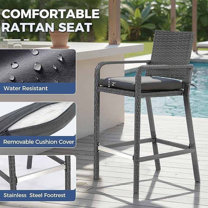 NICESOUL 7-Piece Outdoor Patio Bar Set, Wicker High Top Table with 6 Cushioned Chairs and Hidden Double Storage Shelves, Rattan Counter Bar Height Dining Set for Backyard, Garden, Poolside, Gray