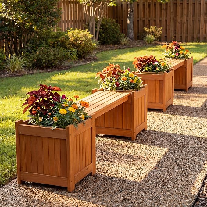 Giantex 4-in-1 Outdoor Bench with 4 Planter Boxes, Wood with Teak Oil Finish, Garden Bench Seat with Raised Garden Beds for Porch Balcony Lawn Yard, DIY Assembly, 42"x11"x11.5"