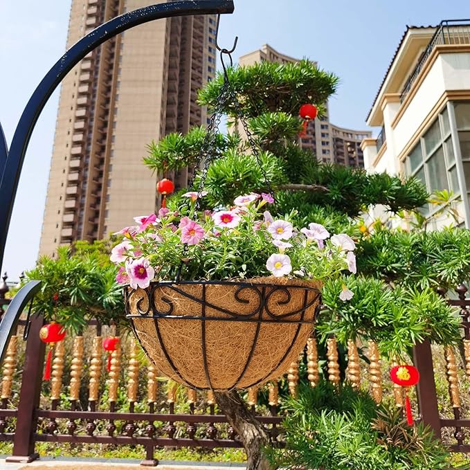 Outdoor Metal Hanging Planters Basket (2pack, 14 inch) Hanging Baskets for Plants Chain Round Wire Plant Holder with Coco Fiber Liners for Garden, Patio, Deck, Porch(Flower Border)