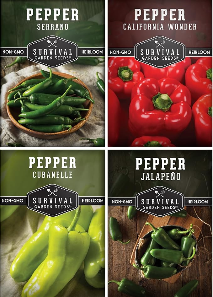 4 Variety Pack Pepper Seed Collection | Jalapeño, Serrano, Cubanelle & California Wonder | Heirloom Non-GMO Hot & Sweet Peppers | Survival Garden Seeds