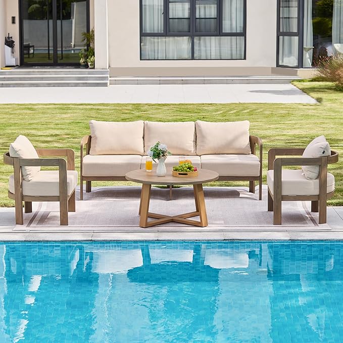 Indoor Round Coffee Table with 35.5” Woodgrain Finish Table Top, Outdoor Metal Modern Side Table 125lbs for Backyard Porch Balcony Living Room, Brown