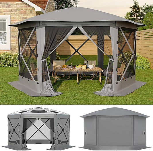 11.5x11.5FT 6-Sided Pop Up Gazebo Tent，One-Push Setup Canopy Tent with Mesh Panels & Removable Wind Cloths, Outdoor shelter for Camping, Backyard Parties, Outdoor Events - Grey