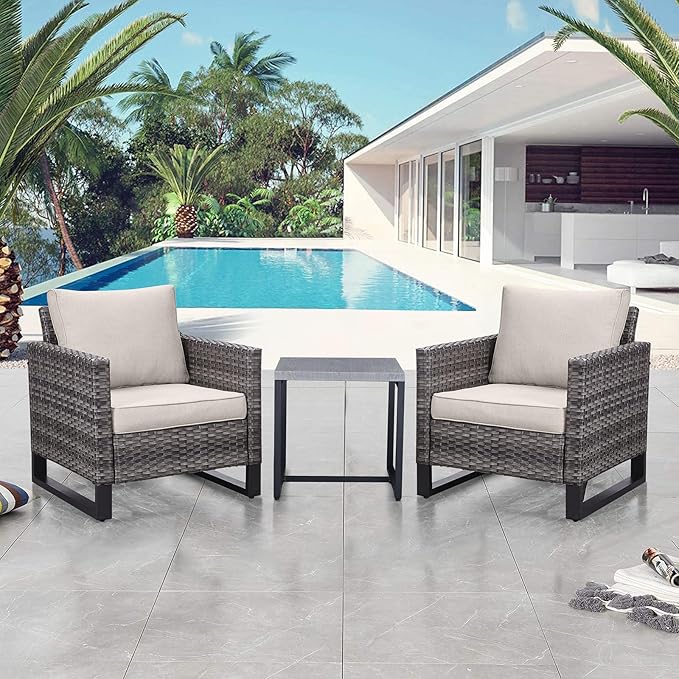 Belord Outdoor Bistro Set 3 Piece Outdoor Wicker Patio Chairs, Oversize Outdoor Rattan Seating Set, All-Weather Chairs Wicker Furniture with Metal Side Table and Water-Resistant Cushion for Outside