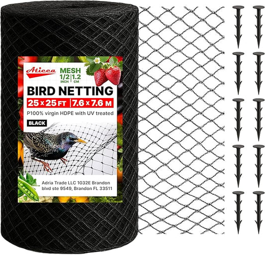 Heavy Duty Bird Netting for Garden Protection & Fruit Trees, 25x25 Ft with 10 Stakes – Black Anti-Bird Net for Poultry, Deer, & Squirrel Protection, Durable Nylon Mesh for Garden and Yard Use