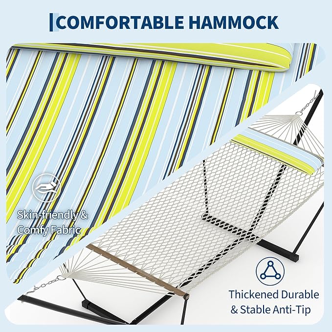 Double Hammock with Heavy-Duty Steel Stand, 2 Person Portable Hammock, 450LBS Max Weight Capacity, Easy Assembly, Ideal for Indoor, Backyard, Camping & Outdoor Use