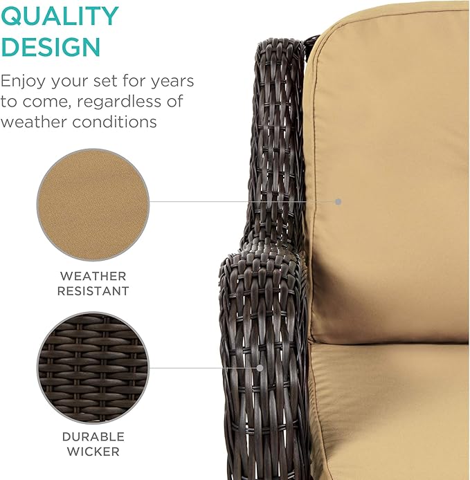 Best Choice Products 3-Piece Outdoor Wicker Patio Bistro Set w/ 2 360-Degree Swivel Rocking Chairs and Tempered Glass Top Side Table - Beige