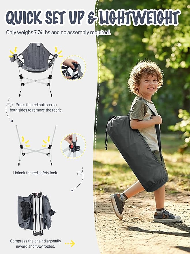EVER ADVANCED Kids Hammock Chair Foldable, Kids Camping Chair with Stand Portable, Hammock Swing Chair with Cup Holder, Child Camping Gear Carry Bag for Traveling Outdoor Patio Supports 125LBS Grey