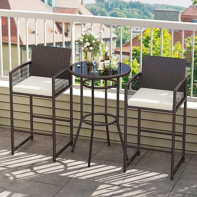 Tangkula 3 Piece Patio Bar Set, Outdoor Heavy Duty Wicker Bar Height Table & 2 Cushioned Barstools, for Backyard, Poolside, Porch, Bistro