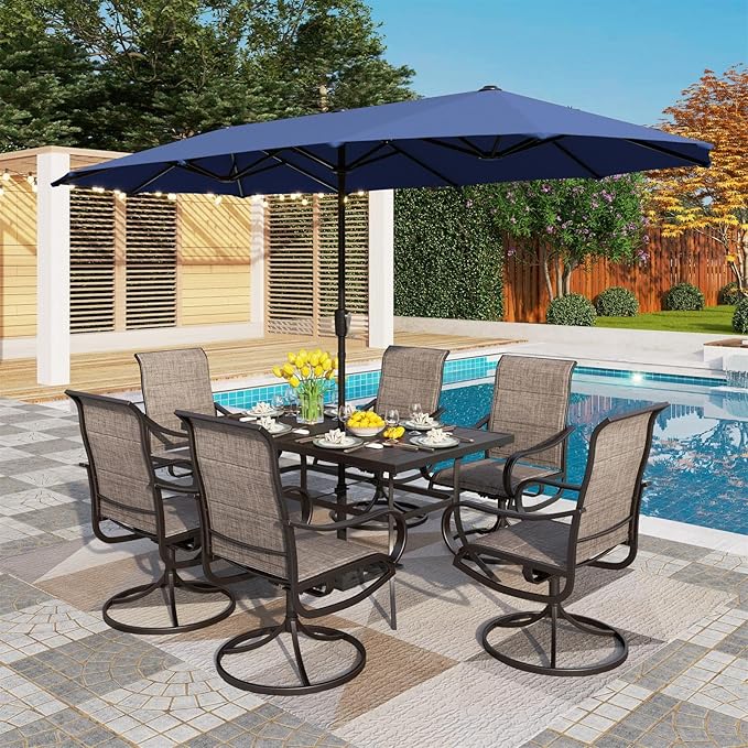 PHI VILLA 8 Piece Patio Dining Set with 13ft Patio Umbrella (Navy Blue), 6 Outdoor Padded Swivel Dining Chairs & 1 Large Metal Dining Table with 1.9" Umbrella Hole, for Lawn Garden Backyard