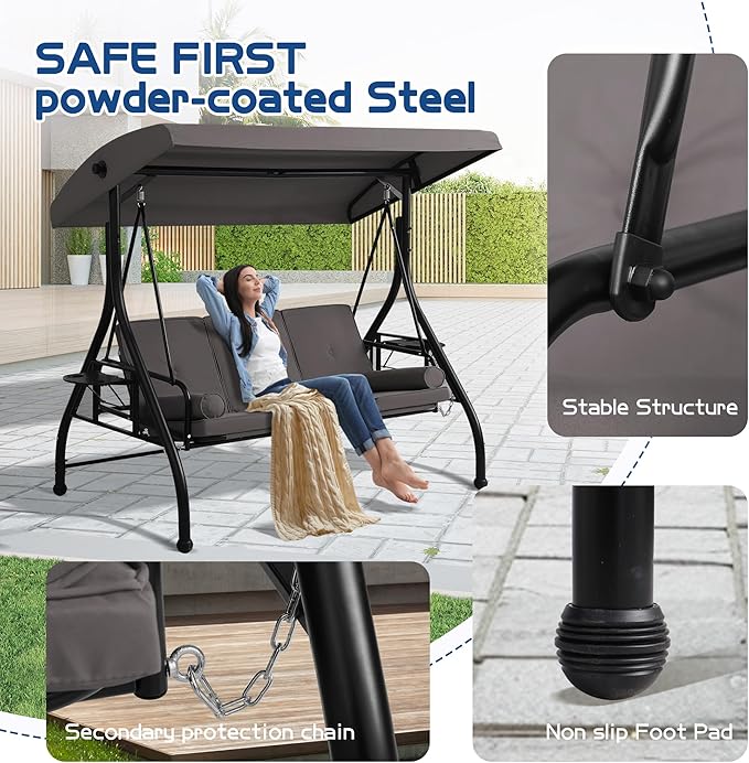 Patio Porch Swings with Adjustable Canopy - 3 Seat Outdoor Porch Swing Glider Bench with Stand, Heavy Duty Swing Bed W/Cushions Pillows and Cup Holder for Backyard Garden Lawn Poolside (Gray)