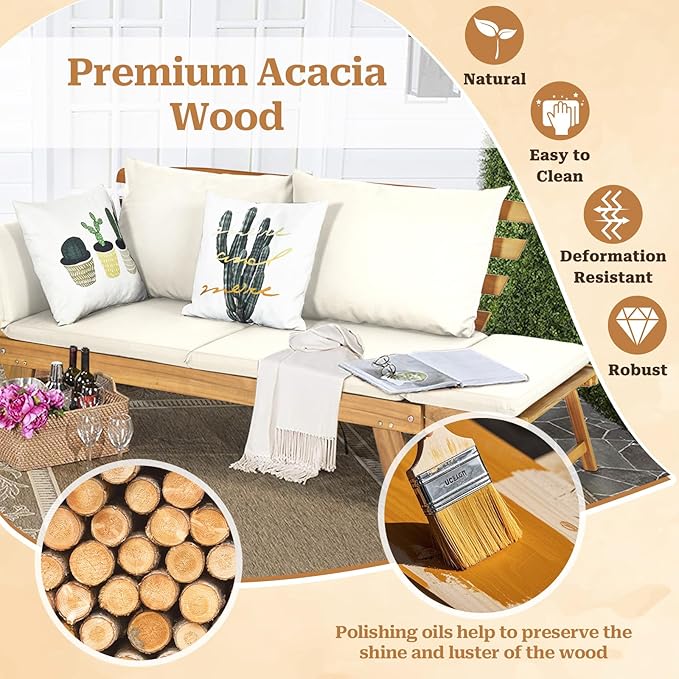 S AFSTAR Patio Convertible Couch Sofa Bed, Acacia Wood Chaise Lounger with Adjustable Armrest, Cushion & Pillows, Outdoor Daybed Loveseat Furniture for Backyard, Garden, Poolside, Porch