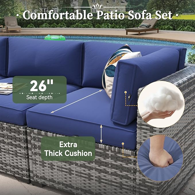 Aoxun 8 Piece Patio Furniture Set with 44” Fire Pit Table Paito Conversation Set Wicker Rattan Outdoor Sectional Sofa Set with Waterproof Cover and Thickened Cushions (Grey/Blue)
