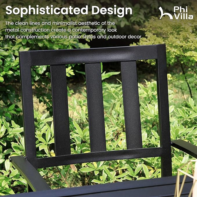 PHI VILLA 7 Piece Outdoor Dining Set for 6, 60” Rectangular Metal Steel Table with Umbrella Hole & Stacking Wrought Iron Chairs, Large Furniture Set for Patio, Deck, Yard - Black