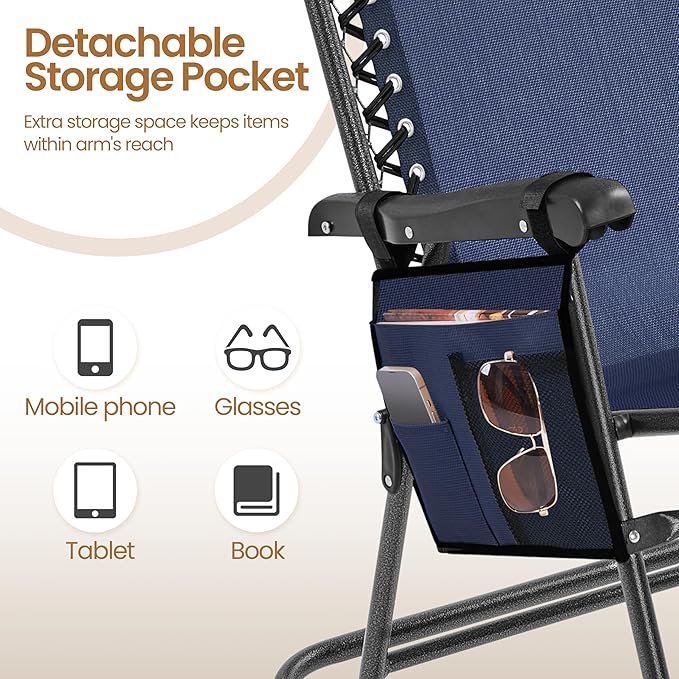 Yaheetech 26in Rocking Chair Outdoor Zero Gravity Folding Chairs Rocking Chairs Foldable Outdoor Lounge Chair for Outside Lawn with Cupholder/Pillow Ergonomic Design for Rest, Navy Blue, Set of 2