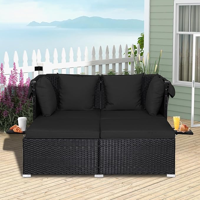 RELAX4LIFE Patio Outdoor Daybed with Canopy, Wicker Sunbed w/Cushions, 4 Pillows & 2 Retractable Side Trays, 2-Person Lounge Bed Conversation for Poolside Porch Garden, Rattan Outdoor Bed (Black)