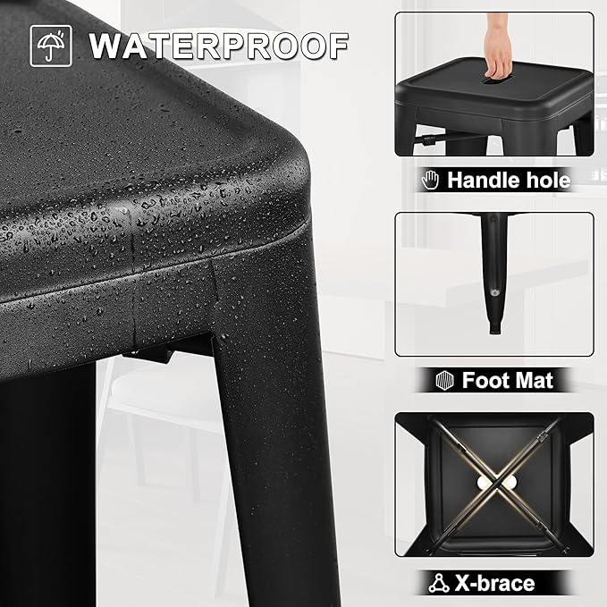 Elevon 30 Inches Metal Bar Stools, High Backless Stools, Indoor Outdoor Stackable Kitchen Stools, Set of 4, Black