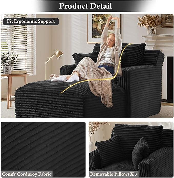 65.4" Chaise Lounge Chair Indoor, Oversized Boneless Couch Comfy Upholstered Sleeper Sofa Bed with 3 Pillows, Corduroy Cloud Reading Chair for Living Room No Assembly Required, Black